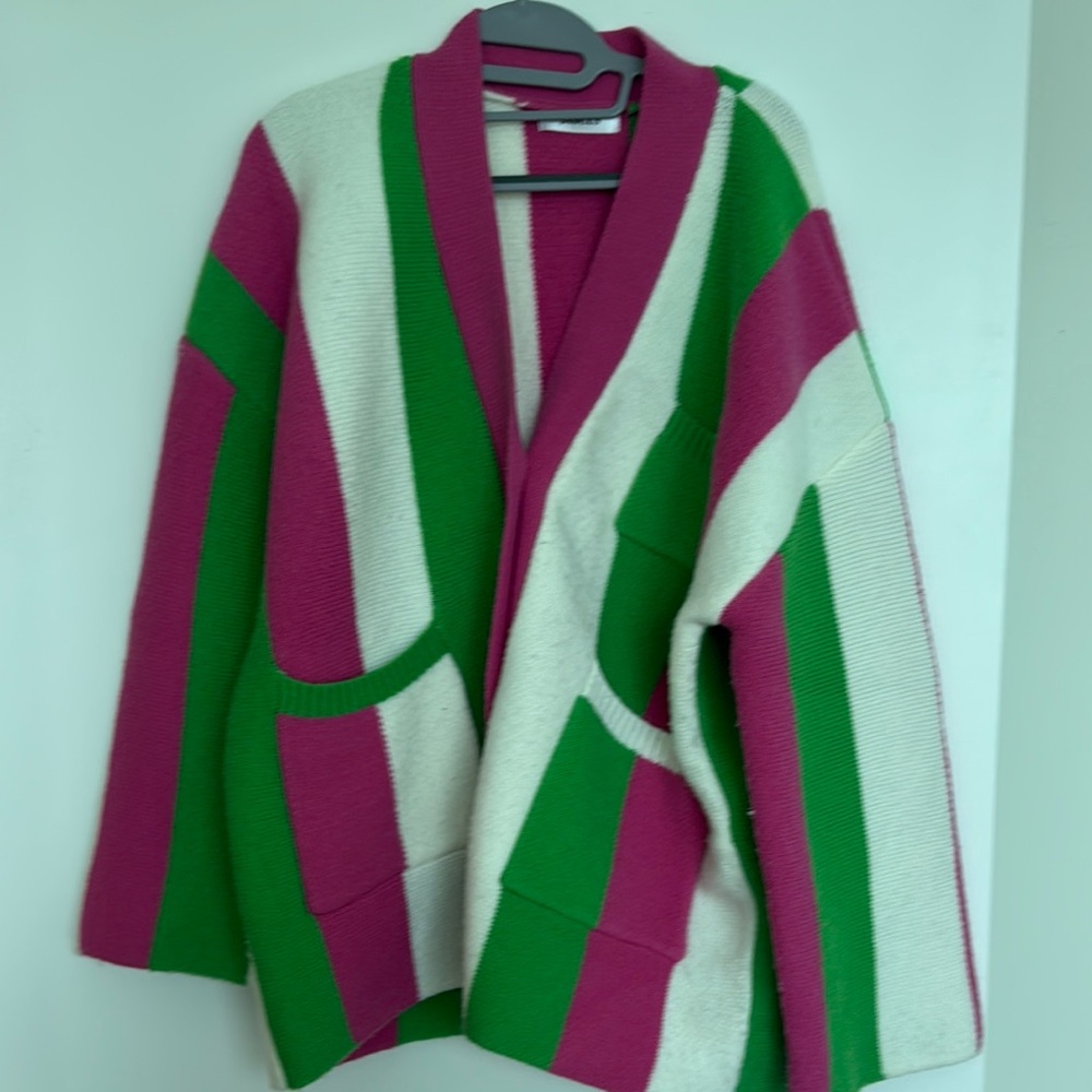 Striped Open-Front Cardigan Sweater in Pink, Green & Cream